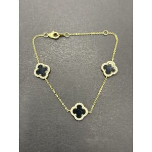 7" EUC Gold Sterling Silver Onyx Cubic Zirconia Clover Bracelet 925 H5